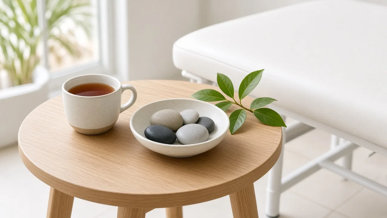 Calm acupuncture treatment room with herbal tea and smooth stones beside the treatment table in Boca Raton